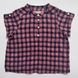 Bonpoint Collarless Coral & Blue Check Short Sleeve Shirt: 2 Years