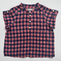Bonpoint Collarless Coral & Blue Check Short Sleeve Shirt: 2 Years