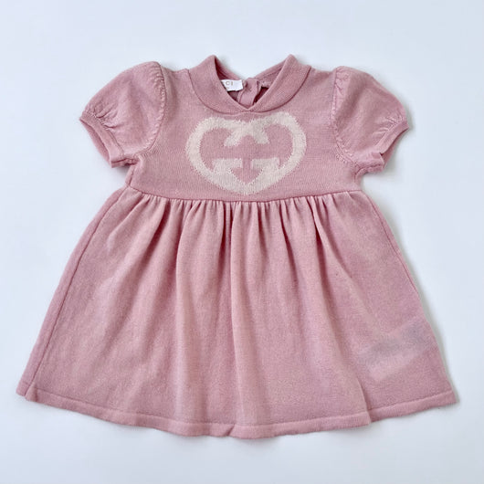 Gucci Baby Girl Pink Wool Knitted Logo Dress Second Hand Used Preloved Preowned