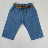 Bonpoint Chambray Cotton Trousers With Tie Belt: 6 Months