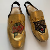 Gucci Girls Gold Slingback Tiger Flower Motif Princetown Loafers secondhand used preloved preowned