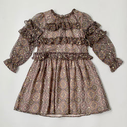 Velveteen Taupe And Metallic Silk Dress With Frill: 10 Years