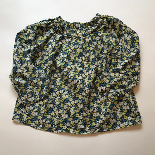 Bonpoint Green And Blue Liberty Print Blouse With Ruched Neckline: 4 Years