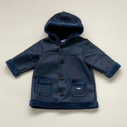 Baby Dior Navy Faux Shearling Hooded Coat: 6 Months