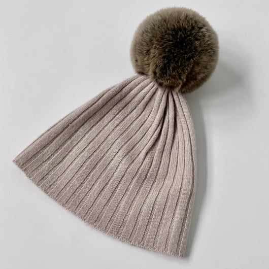 Belle Enfant Oyster Cashmere Mix Hat With Fur Pom: Small