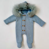 Pangasa Baby Blue Knitted Pram Suit With Faux Fur Trim: 6 Months