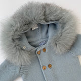 Pangasa Baby Blue Knitted Pram Suit With Faux Fur Trim: 6 Months