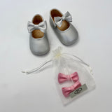 Papouelli Silver Pram Shoes With Bow: Size EU 19 (Brand New)