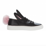Minna Parikka Black Bunny Ears Leather Trainers With Pink Pom Poms (Size 24)