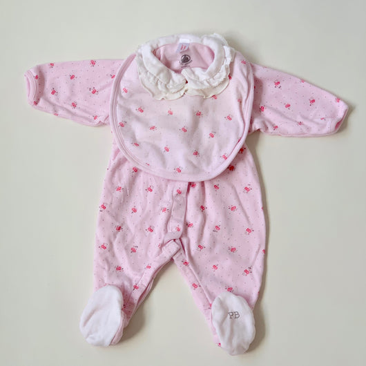Petit Bateau Pink Floral All-In-One With Matching Bib :3 Months